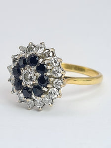 1947: Vintage: 18ct Gold French Blue Sapphires Diamonds (1.05ct) Target Ring- Fabulous