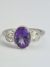 Load image into Gallery viewer, 1955: Vintage: Platinum Amethyst (1.64ct) Diamonds (0.5ct) 3-Stone Straight Ring- an absolute beauty.
