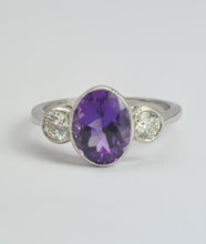Load image into Gallery viewer, 1955: Vintage: Platinum Amethyst (1.64ct) Diamonds (0.5ct) 3-Stone Straight Ring- an absolute beauty.
