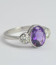 Load image into Gallery viewer, 1955: Vintage: Platinum Amethyst (1.64ct) Diamonds (0.5ct) 3-Stone Straight Ring- an absolute beauty.
