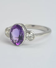 Load image into Gallery viewer, 1955: Vintage: Platinum Amethyst (1.64ct) Diamonds (0.5ct) 3-Stone Straight Ring- an absolute beauty.
