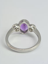 Load image into Gallery viewer, 1955: Vintage: Platinum Amethyst (1.64ct) Diamonds (0.5ct) 3-Stone Straight Ring- an absolute beauty.
