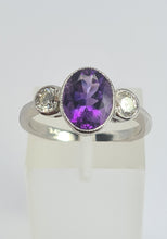 Load image into Gallery viewer, 1955: Vintage: Platinum Amethyst (1.64ct) Diamonds (0.5ct) 3-Stone Straight Ring- an absolute beauty.
