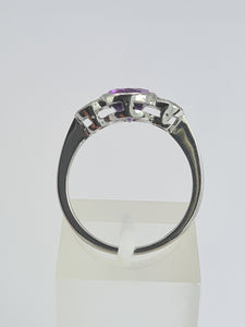 1955: Vintage: Platinum Amethyst (1.64ct) Diamonds (0.5ct) 3-Stone Straight Ring- an absolute beauty.