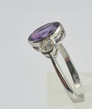 Load image into Gallery viewer, 1955: Vintage: Platinum Amethyst (1.64ct) Diamonds (0.5ct) 3-Stone Straight Ring- an absolute beauty.
