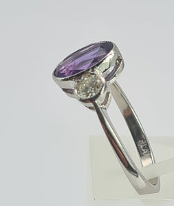 1955: Vintage: Platinum Amethyst (1.64ct) Diamonds (0.5ct) 3-Stone Straight Ring- an absolute beauty.
