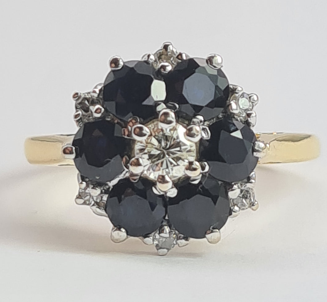 1966: Vintage; 18ct Gold Australian Blue Sapphires Natural Diamonds Flower Head Ring- voluptuous style