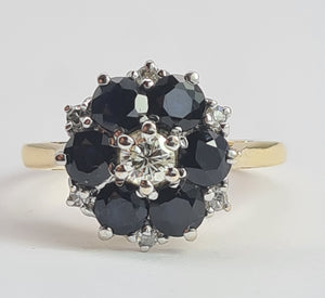 1966: Vintage; 18ct Gold Australian Blue Sapphires Natural Diamonds Flower Head Ring- voluptuous style
