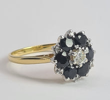 Cargar imagen en el visor de la galería, 1966: Vintage; 18ct Gold Australian Blue Sapphires Natural Diamonds Flower Head Ring- voluptuous style
