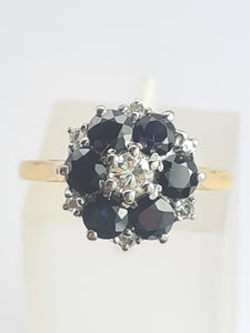 1966: Vintage; 18ct Gold Australian Blue Sapphires Natural Diamonds Flower Head Ring- voluptuous style