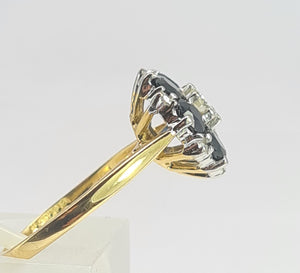 1966: Vintage; 18ct Gold Australian Blue Sapphires Natural Diamonds Flower Head Ring- voluptuous style