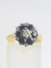 Cargar imagen en el visor de la galería, 1966: Vintage; 18ct Gold Australian Blue Sapphires Natural Diamonds Flower Head Ring- voluptuous style
