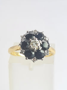 1966: Vintage; 18ct Gold Australian Blue Sapphires Natural Diamonds Flower Head Ring- voluptuous style