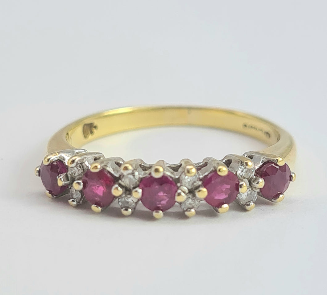 1990: Vintage: 18ct Gold Rubies Diamonds Half-Eternity/Stacker Ring- picture perfect