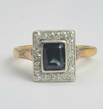Cargar imagen en el visor de la galería, 2029: Vintage: 18ct Gold/Platinum Set Blue Sapphire 22 Diamonds Art Deco Style Panel Ring
