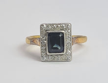 Cargar imagen en el visor de la galería, 2029: Vintage: 18ct Gold/Platinum Set Blue Sapphire 22 Diamonds Art Deco Style Panel Ring

