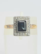Cargar imagen en el visor de la galería, 2029: Vintage: 18ct Gold/Platinum Set Blue Sapphire 22 Diamonds Art Deco Style Panel Ring
