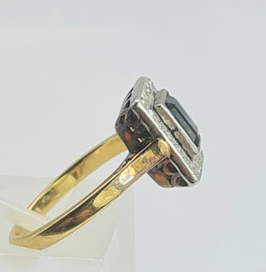 2029: Vintage: 18ct Gold/Platinum Set Blue Sapphire 22 Diamonds Art Deco Style Panel Ring