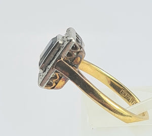 2029: Vintage: 18ct Gold/Platinum Set Blue Sapphire 22 Diamonds Art Deco Style Panel Ring