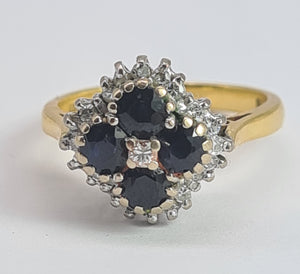 2030: Vintage; 18ct Gold French Blue Sapphires 24 natural Diamonds Geometric Set Cocktail Ring- From 1974