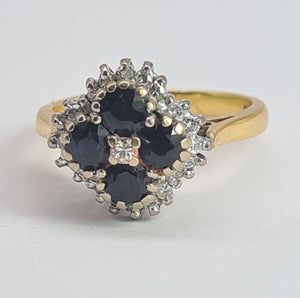 2030: Vintage; 18ct Gold French Blue Sapphires 24 natural Diamonds Geometric Set Cocktail Ring- From 1974