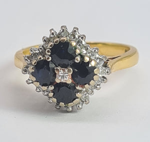 2030: Vintage; 18ct Gold French Blue Sapphires 24 natural Diamonds Geometric Set Cocktail Ring- From 1974