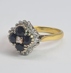 2030: Vintage; 18ct Gold French Blue Sapphires 24 natural Diamonds Geometric Set Cocktail Ring- From 1974
