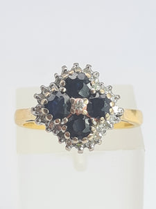 2030: Vintage; 18ct Gold French Blue Sapphires 24 natural Diamonds Geometric Set Cocktail Ring- From 1974