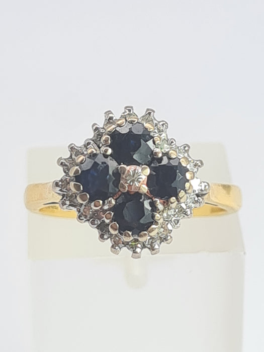2030: Vintage; 18ct Gold French Blue Sapphires 24 natural Diamonds Geometric Set Cocktail Ring- From 1974