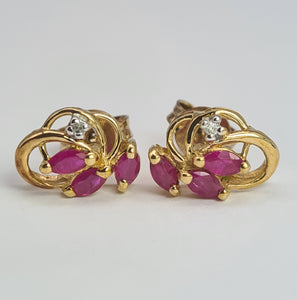 2055: Vintage: 9ct Gold Rubies Diamonds Stud Earrings- elegant ear candy