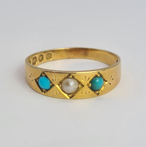 2105: Antique: 18ct Gold Turquoise Seed Pearl Dress/Stacker Ring- From 1891 - Yes really