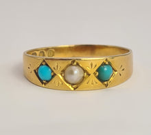 Cargar imagen en el visor de la galería, 2105: Antique: 18ct Gold Turquoise Seed Pearl Dress/Stacker Ring- From 1891 - Yes really
