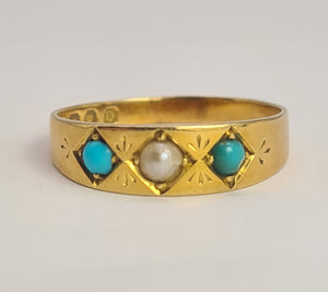 2105: Antique: 18ct Gold Turquoise Seed Pearl Dress/Stacker Ring- From 1891 - Yes really