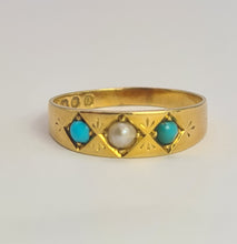 Cargar imagen en el visor de la galería, 2105: Antique: 18ct Gold Turquoise Seed Pearl Dress/Stacker Ring- From 1891 - Yes really
