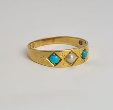 Cargar imagen en el visor de la galería, 2105: Antique: 18ct Gold Turquoise Seed Pearl Dress/Stacker Ring- From 1891 - Yes really
