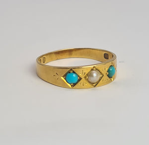 2105: Antique: 18ct Gold Turquoise Seed Pearl Dress/Stacker Ring- From 1891 - Yes really