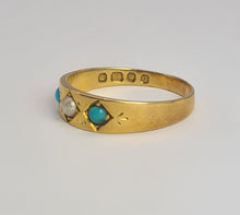 Cargar imagen en el visor de la galería, 2105: Antique: 18ct Gold Turquoise Seed Pearl Dress/Stacker Ring- From 1891 - Yes really
