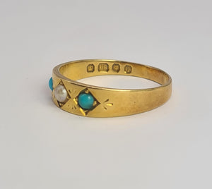 2105: Antique: 18ct Gold Turquoise Seed Pearl Dress/Stacker Ring- From 1891 - Yes really