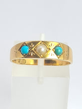 Cargar imagen en el visor de la galería, 2105: Antique: 18ct Gold Turquoise Seed Pearl Dress/Stacker Ring- From 1891 - Yes really
