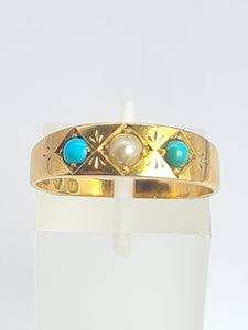 2105: Antique: 18ct Gold Turquoise Seed Pearl Dress/Stacker Ring- From 1891 - Yes really