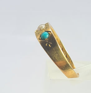 2105: Antique: 18ct Gold Turquoise Seed Pearl Dress/Stacker Ring- From 1891 - Yes really