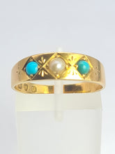 Cargar imagen en el visor de la galería, 2105: Antique: 18ct Gold Turquoise Seed Pearl Dress/Stacker Ring- From 1891 - Yes really
