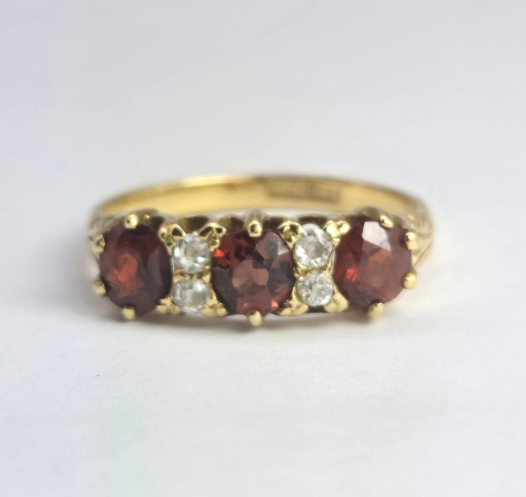 1831: Vintage; 18ct Gold Almandine Garnets Diamonds Half-Eternity/Stacker Ring- beautifully balanced