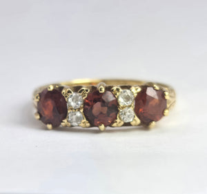 1831: Vintage; 18ct Gold Almandine Garnets Diamonds Half-Eternity/Stacker Ring- beautifully balanced
