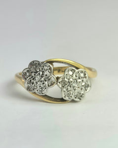 1874: Vintage: 18ct Gold Natural Diamonds Double Flower Head Ring