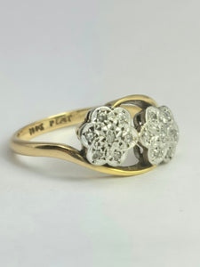 1874: Vintage: 18ct Gold Natural Diamonds Double Flower Head Ring
