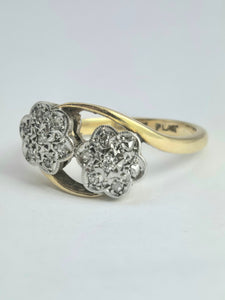 1874: Vintage: 18ct Gold Natural Diamonds Double Flower Head Ring