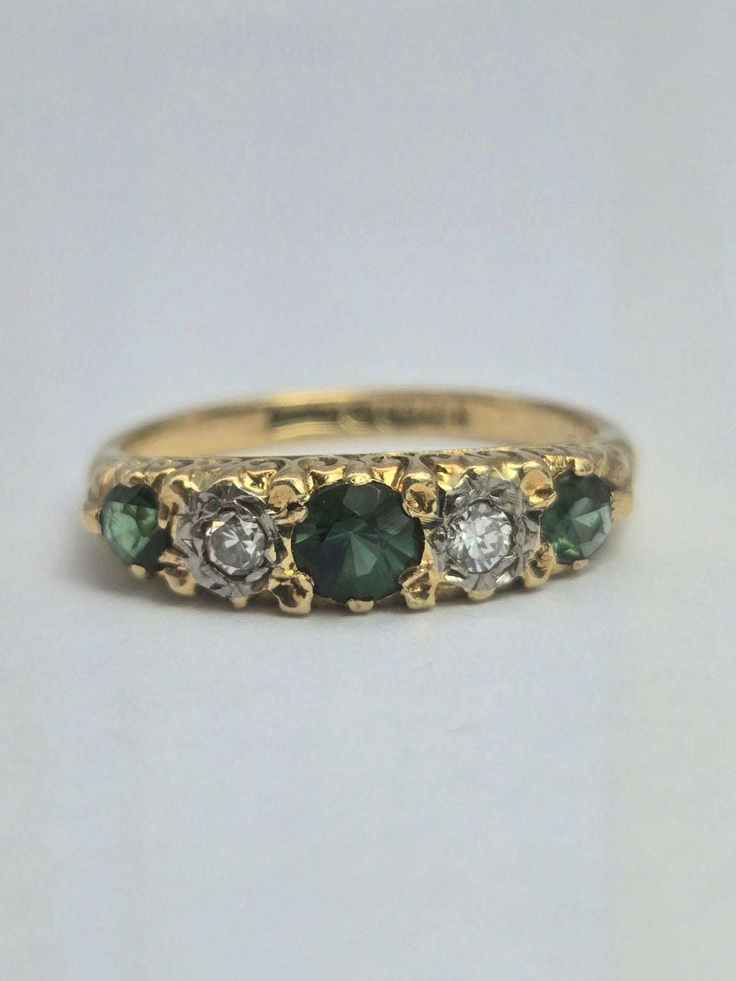 1883: Vintage; 18ct Gold Tsavorite Green Garnets Natural Diamond Stacker/Half- Eternity Ring- From 1969