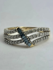 1895: Vintage: 9ct Gold Blue & White Diamonds Openwork Dress Ring- 50 natural sparkling diamonds