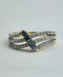 1895: Vintage: 9ct Gold Blue & White Diamonds Openwork Dress Ring- 50 natural sparkling diamonds